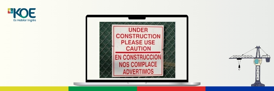 Cartel de obra traducido como En construcción nos complace advertimos