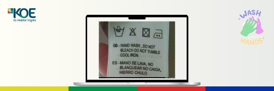 Etiqueta de ropa con instrucciones de lavado mal traducidas
